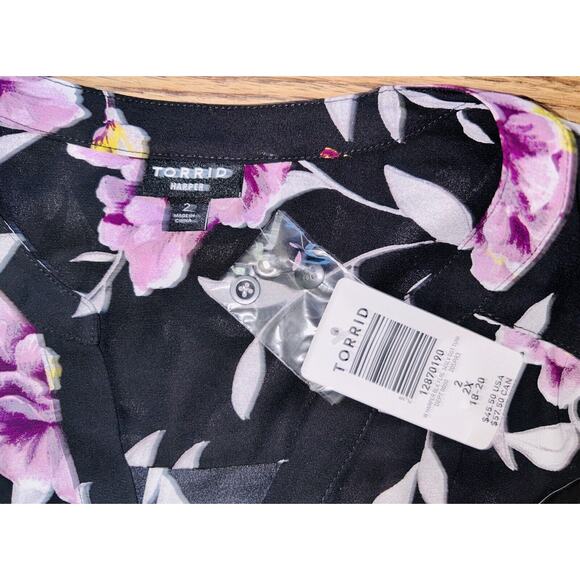 TORRID Blouse Women Black Purple Floral Roll Up Sleeve Harper Size 2xl Tunic NEW - Picture 6 of 16